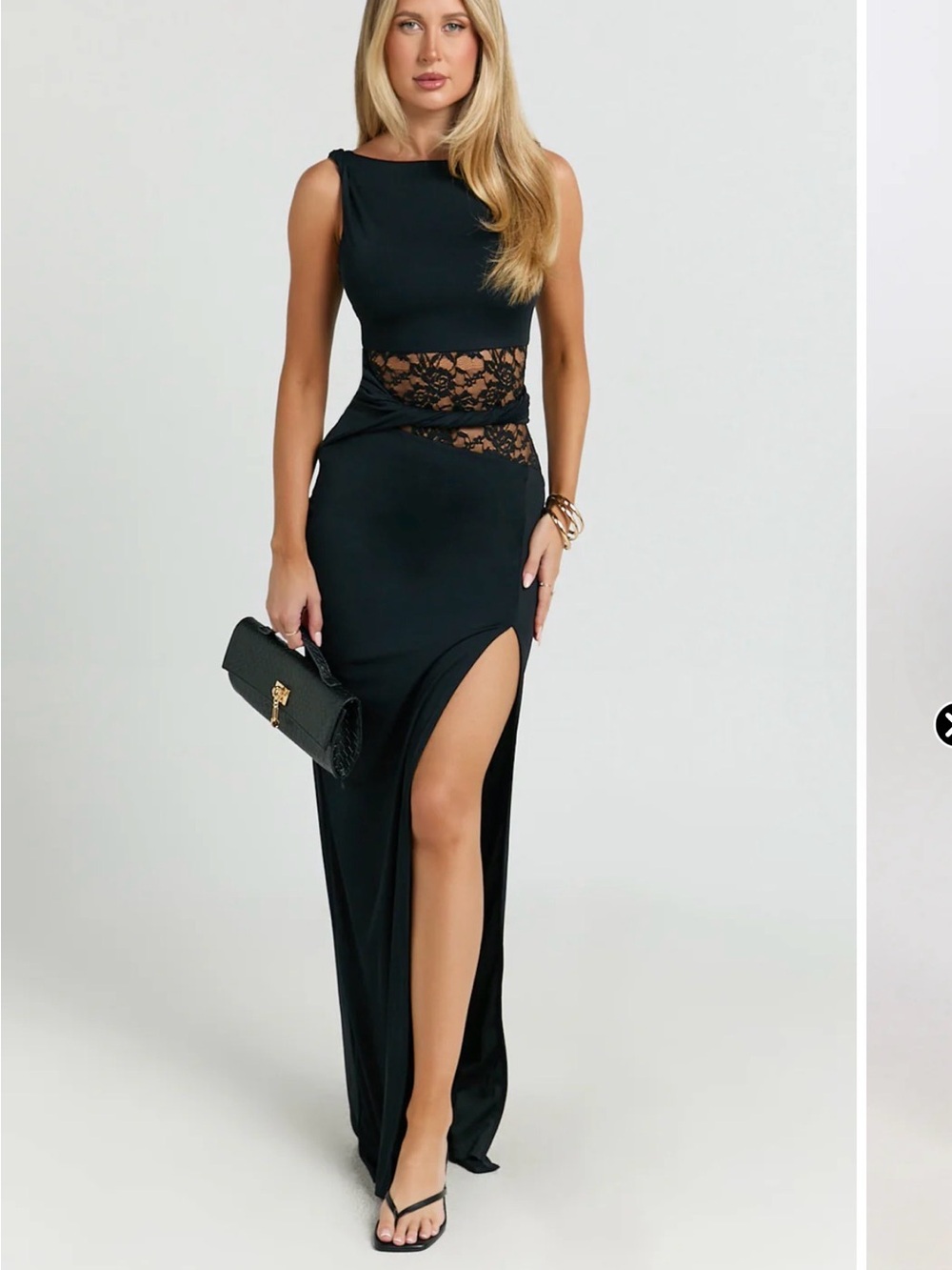 Showpo Black Lace-Inset Evening Gown with High Thigh Slit
